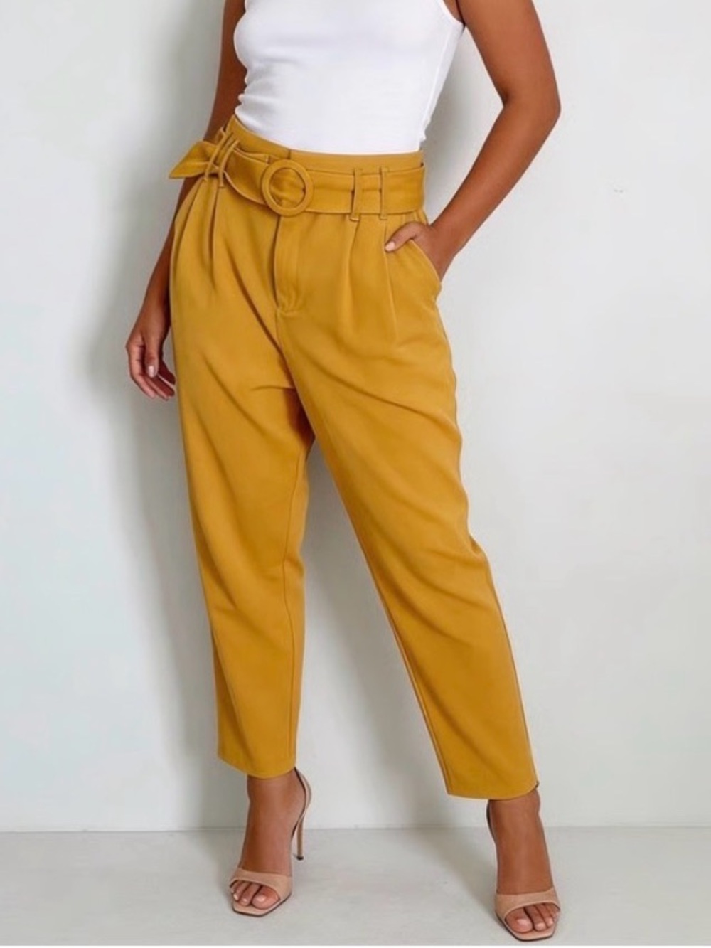 ZARA | Mustard Yellow Belted Pleated Trouser Dress Pants Sz M